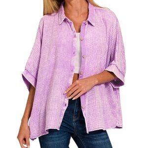 New Zenana Pink Gauze Button Down Top Size S M L XL